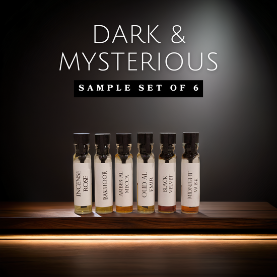 Dark perfume oil sample set with oud, amber, and incense