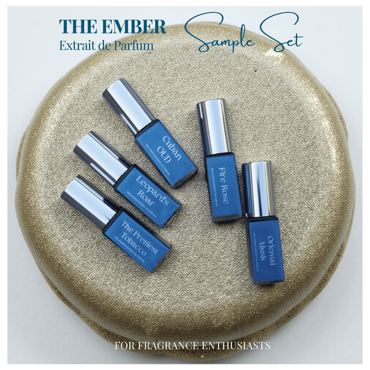 Extrait de parfum sample set featuring smoky, warm artisanal scents